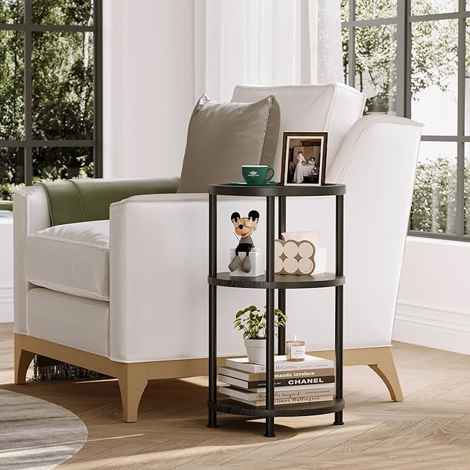 Homeiju Round Side Table with Glass Top, 3-Tier Glass End Table with Adjustable Feet, Bedside Table for Small Space for Living Room, Balcony, Bedroom, Black