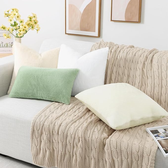 Pallene Faux Fur Plush Throw Pillow Covers 20x20 Set of 2, Soft Fluffy Couch Pillow Covers for Living Room, Beige