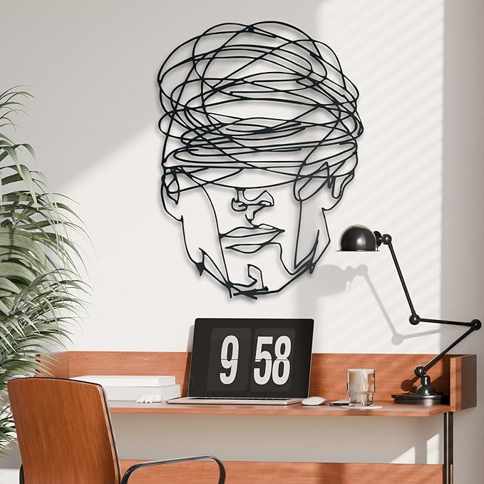 Overthinking Man Metal Wall Decor, Abstract Geometric Face Sculpture, Modern Line Art for Living Room, Office, Bedroom, and Contemporary Home Decor , Unique, Thought-Provoking Artwork for Minimalist Interiors (24 x 18 inches)