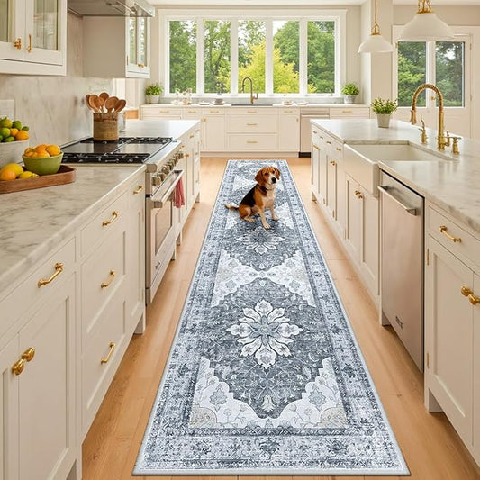 RELEANY Area Rugs 2'x10' Washable Non-Slip, Floral Vintage Distress Print Pattern Medallion Carpet for Living Room Bedroom Dining Room, Light Gray Grey White