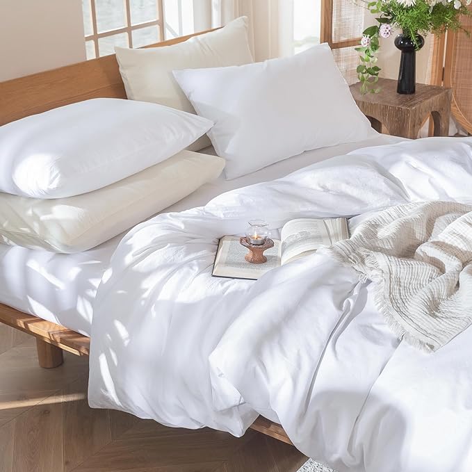 MooMee Bedding Duvet Cover Set 100% Washed Cotton Linen Like Textured Breathable Durable Soft Comfy (Solid Bright White, Palatial King/Oversized King 120"x98")