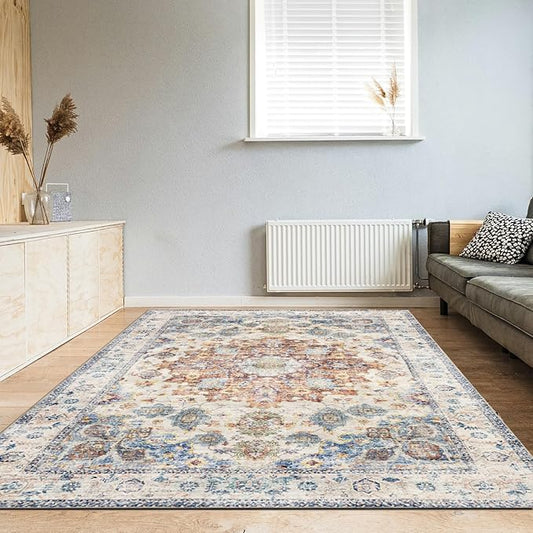 Domitapis Area Rug 5×7, Vintage Boho Rug,Ultra-Soft Low Pile, Washable, Non Slip,Stain Resistant Printed Carpet for Living Room Bedrooms Playroom Office Kitchen, Blue/Red
