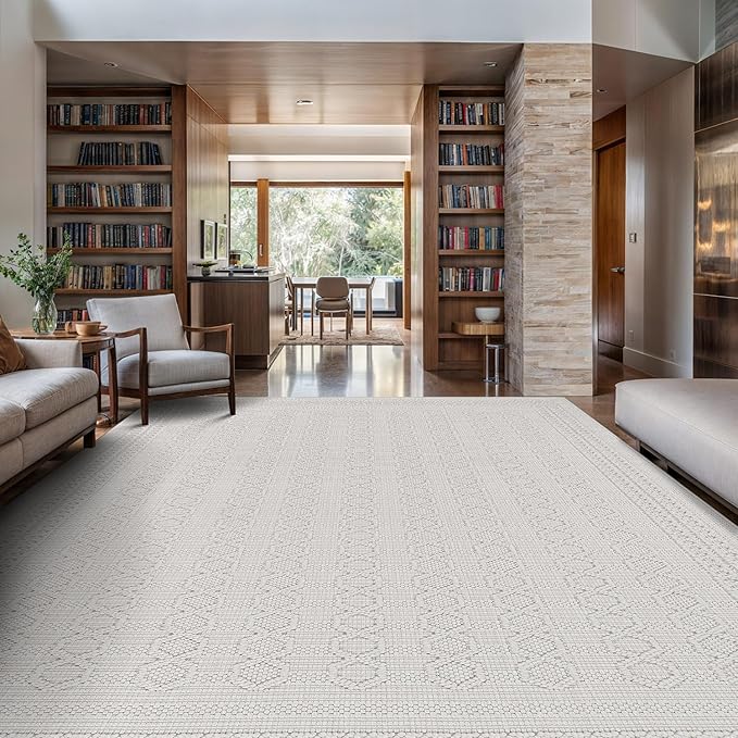 Luul Home Micro Loop Indoor Rug White 5x7 Boho Geometric Neutral Area Rugs for Living Room Soft Luxury Modern Low and High Pile Durable Stain Resistant Non-Shedding Indoor Area Carpet 5 x 7