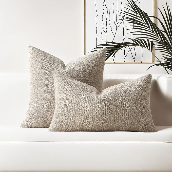 HAUSSY Set of 2 20x20 Decorative Throw Pillow Covers, Soft Cozy Textured Boucle Couch Cases, Home Decor for Couch Bed Living Room, Oatmeal