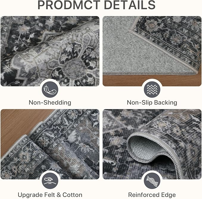 BESBLEE Runner Rug 2'6''x8, Machine Washable Runners, Non Slip Vintage Hallway Runner Rugs, Low Pile Lightweight Mat for Entryway, Hallway, Kitchen and Corridor, Dark Gray