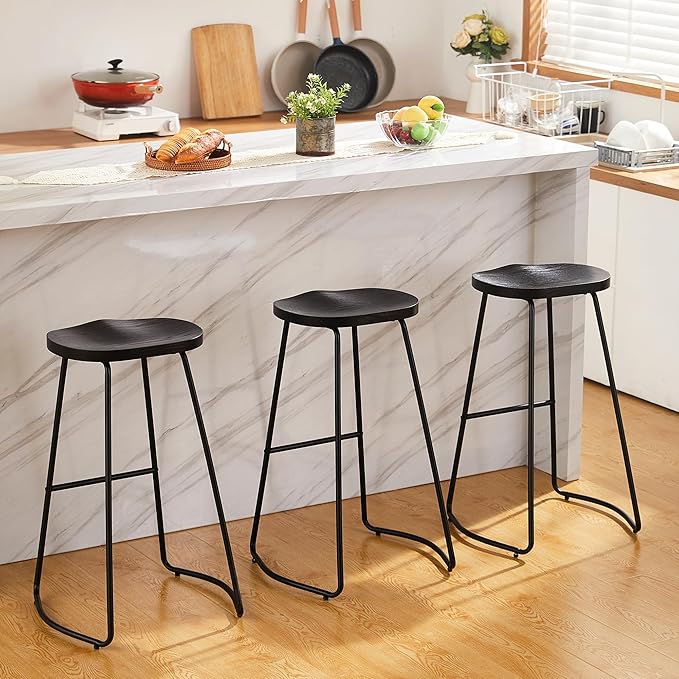 HeuGah Bar Stools Set of 2, 30 Inch Counter Height Wood Bar Stools, Black Saddle Seat Barstool for Kitchen Island, Industrial Bar Height Stool with Metal Leg (Black, 2 PCS 30Inch Barstool)