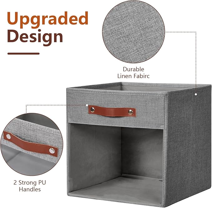 Storage Cubes Storage Organizer with Clear Window, Linen Collapsible Storage Bins with PU Handles, Cube Storage Basket for Shelves, Closet, Cabinet, Bookcase (13x13x13, Gray)