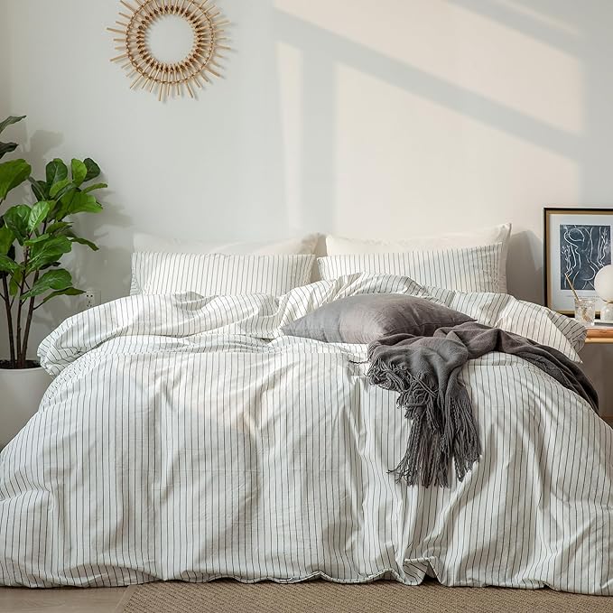 MooMee Striped Duvet Cover Set 100% Washed Cotton Linen Like Textured Breathable Durable Soft Comfy (White Dark Grey Wide Stripes, Oversized Full 82"x86")