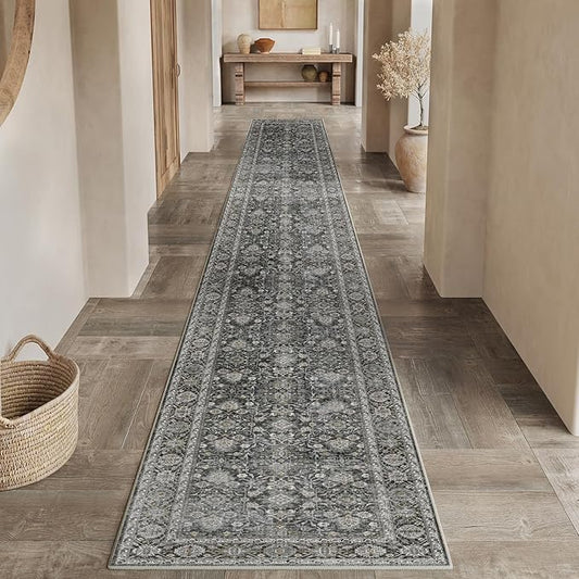 PureCozy Black Runner Rug 2x12 Vintage Area Carpet Hallway Long Indoor Kitchen Washable Living Room Low Pile Traditional Distressed Retro Accent Throw Rug Non Slip Laundry Bathroom Office Dining Room