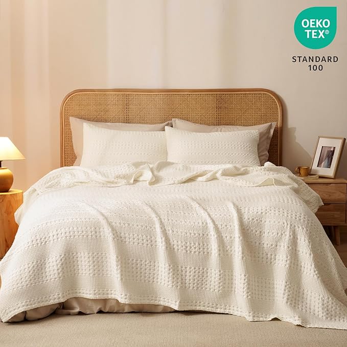 PHF 100% Cotton Waffle Weave Blanket King Size for Bed, Soft Lightweight & Breathable, All-Season Comfort, 300 GSM Luxury Aesthetic Blanket for Home Decor, 108"x90", Natural