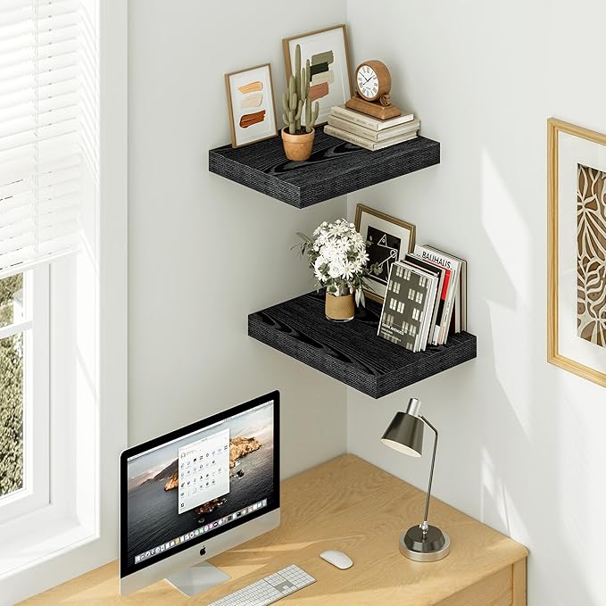 Vivelove Black Floating Shelves 15.7 Inches Wide, 12" Deep Wall Shelves for Bedroom, Bathroom, Living Room, Kitchen, Office, Rustic Home Decor Shelf with Invisible Brackets, 15.7X12X1.5, Set of 2