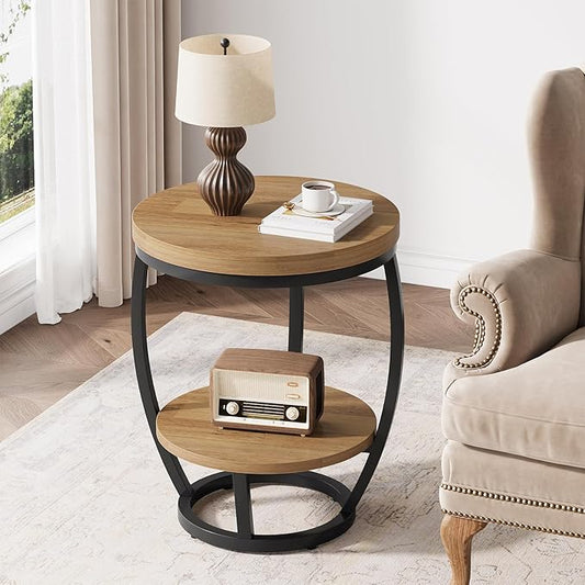 Round End Table, 2 Tier Industrial Side Table, Nightstand with Metal Frame, Accent Bedside Table with Storage Shelves for Living Room, Bedroom, Small Spaces, Light Brown & Black