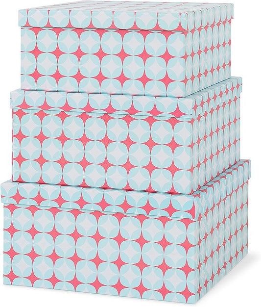 Soul & Lane Set of 3 Decorative Boxes with Lids, Square 11" x 11" Nesting Cardboard Storage for Home Décor in Green and Coral, Keepsake and Memory Boxes for Organizing, Retro Mint