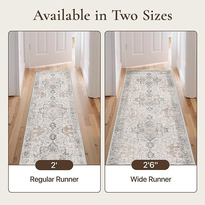 GENIMO Runner Rug 2'6"x5 Machine Washable Non Slip Vintage Hallway Runner Rug, Low Pile Lightweight Rugs for Indoor Entryway, Hallway, Kitchen and Corridor, Light Taupe Brown