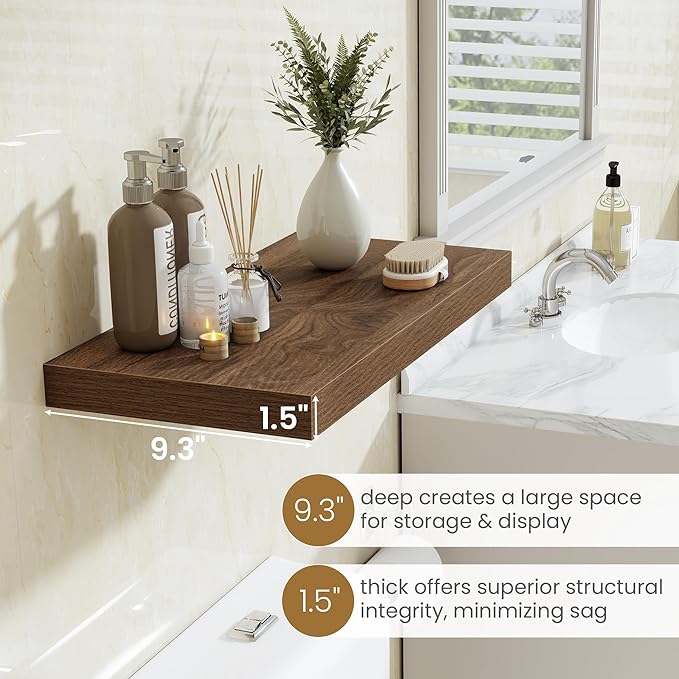 24"W x 9.3"D Floating Shelves for Wall, Wall Mounted Bathroom Shelves 2 Pack Deep Floating Shelf for Bedroom Kitchen Living Room, Rustic Wooden Wall Shelf with Invisible Bracket for Books Decor