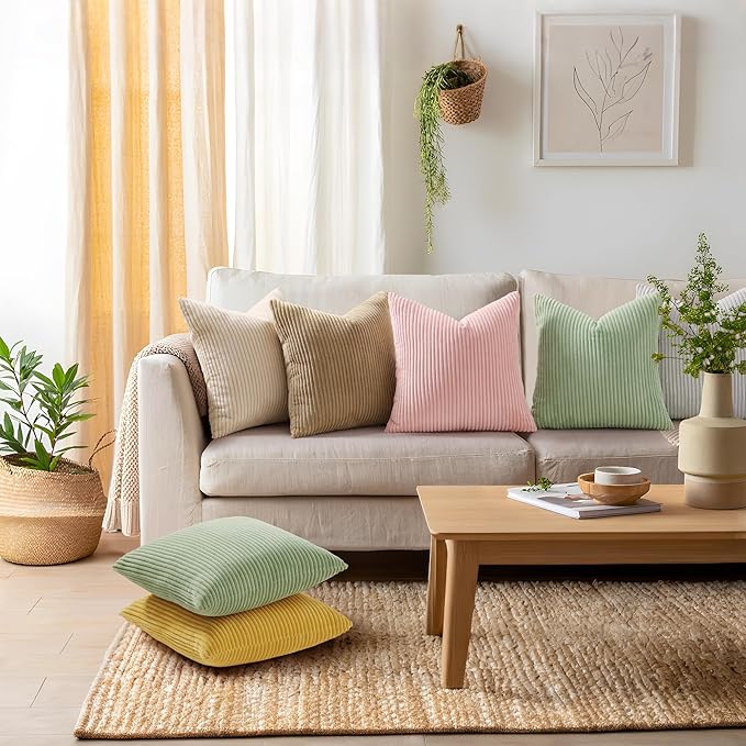 Mecatny Corduroy Decorative Throw Pillow Covers 20x20 Set of 2 for Sofa Living Room, Soft Neutral Boho Couch Pillow Covers for Home Decor, Sage Green