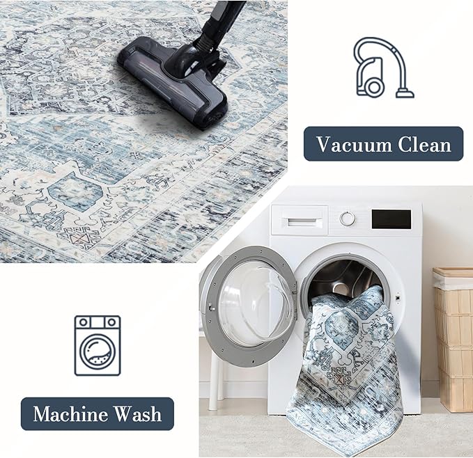 Domitapis Runner Rug 2×6, Vintage Boho Rug,Ultra-Soft Low Pile, Washable, Non Slip,Stain Resistant Printed Carpet for Hallway Kitchen Living Room Bedrooms Playroom Office, Light Blue