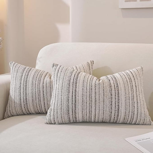 QDTTSRY Chenille Throw Decorative Pillow Covers 20x12 Set of 2, Textured Striped Boho Couch Pillow Covers, Cozy Neutral Farmhouse Cushion Cover for Couch Sofa Bedroom Living Room, Colorful Coffee