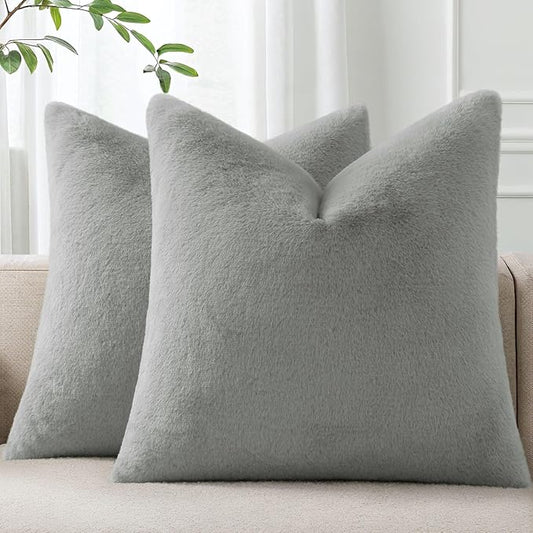 Pallene Faux Fur Plush Throw Pillow Covers 22x22 Set of 2, Soft Fluffy Couch Pillow Covers for Living Room, Grey