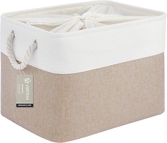 Large Storage Baskets- 16x12x12 inch Storage Bins for Shelves and Closet Organizing, Foldable Fabric Bin for Home Organization Clothes and Laundry (1-Pack, White&Khaki)