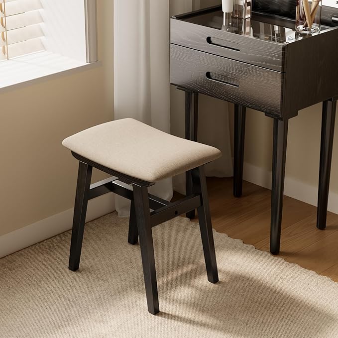 Solid Wood Vanity Stool, Compact Makeup Chair with Saddle Cushion, Linen-Covered High Rebound Sponge Seat, Easy Assembly Footstool for Bedroom, Entryway, Home, Black