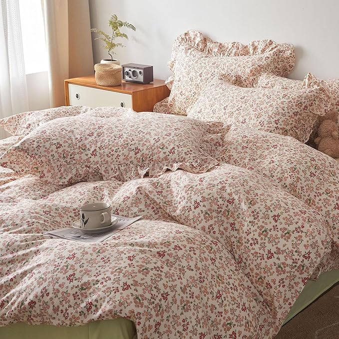 Girls Pink Floral Duvet Cover Full Size Cute Pink Red Flower Duvet Cover 100% Cotton Aesthetic Floral Bedding Set Botanical Flower Cottagecore Comforter Cover with Ruffle Pillowcases for Teen Girls