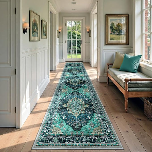 RELEANY Area Rugs 2'6''x10' Washable Non-Slip, Floral Vintage Distress Print Pattern Medallion Carpet for Living Room Bedroom Dining Room, Teal Green Lake Blue Turquoise