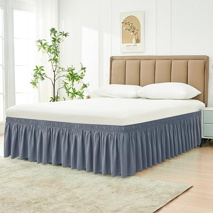 Biscaynebay Wrap Around Bed Skirts for King & Cal King Beds 15" Drop, Dark Grey Adjustable Elastic Dust Ruffles Easy Fit Wrinkle & Fade Resistant Silky Luxurious Fabric Machine Washable
