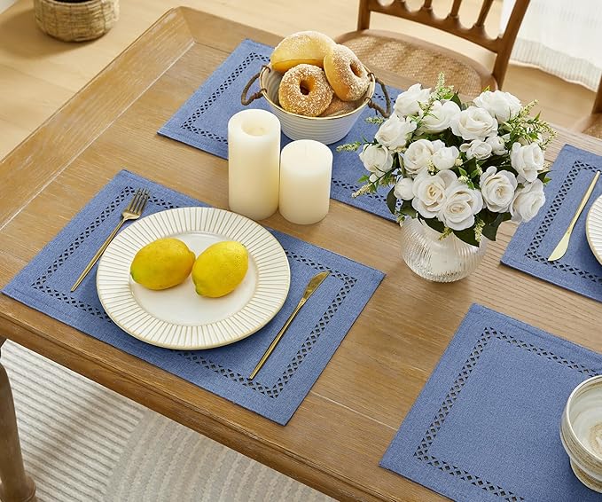 Burlap Placemats Set of 6, 12 x 18 Inch Rustic Geometric Hollow Place Mats, Heat Resistant Placemats for Farmhouse Kitchen Table Decor, Blue 6PCS