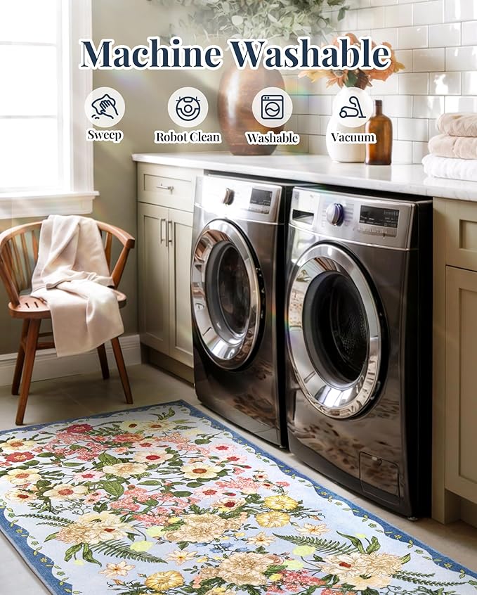 AREAMAY Floral Runner Rug 2x6 - Washable Vintage Kitchen Rug Low Pile Non-Slip Carpet for Entryway Hallway, Laundry, Bedroom - Soft, Stain Resistant Indoor Area Rug - Blue