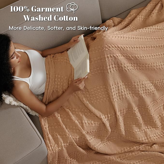 PHF 100% Cotton Waffle Weave Blanket King Size for Bed, Soft Lightweight & Breathable, All-Season Comfort, 300 GSM Luxury Aesthetic Blanket for Home Decor, 108"x90", Clay