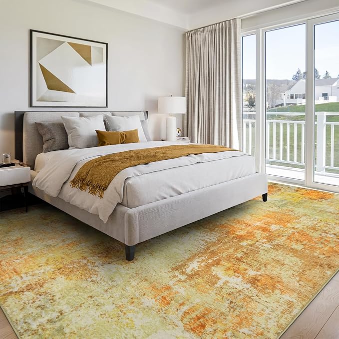 AREAMAY Washable Area Rug 5x7 - Neutral Modern Abstract Rugs, Soft Non Slip Thin Carpet with for Bedroom, Under Dining Room Table, Home, Office, Dorm, Office Rolling Chair - Yellow Brick