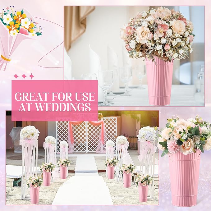 Layhit 6 Pcs 12 Inch Galvanized Flower Buckets Metal Flower Vases with Handle Farmhouse French Bucket Planter Floral Container for Flowers Wedding Bridal Shower Home Table Decor(Pink)