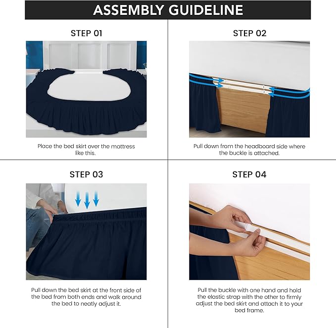 Utopia Bedding King Elastic Bed Ruffle - Easy Wrap Around Ruffle - Microfiber Bed Skirt with Adjustable Elastic Belt 16 Inch Tailored Drop - Hotel Quality Bedskirt, Fade Resistant (King, Navy)