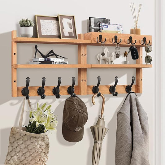 Coat Rack Wall Mount with Shelf, Pine Two-Tier Wall Shelf Mounted Coat and Key Hanger with 7 Heavy Duty Hooks 4 Key Hooks, Entryway Key Holder with Mail Holder for Bedroom,Living Room (Wood)