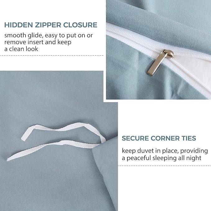 JSD Dusty Blue Duvet Cover Set Queen Size, 3 Piece Duvet Cover with Pillow Shams, Soft Brushed Microfiber Zipper Closure, Comforter Not Included