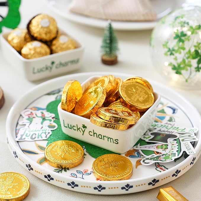 St Patrick's Day Candy Dish Set of 2, Ceramic Irish Shamrock Bowl with Clover, White Decorative Trinket Trays for Jewelry, Keys, Coins, Festive Party & Home Decor