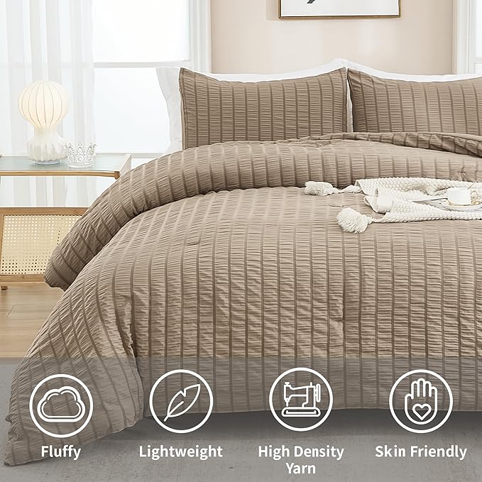 AveLom Taupe Seersucker King Comforter Set (104x90 inches), 3 Pieces-100% Soft Washed Microfiber Lightweight Comforter with 2 Pillowcases, All Season Down Alternative Comforter Set for Bedding