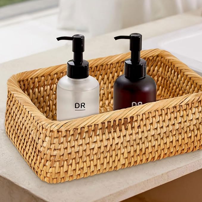 Natural Rectangular Rattan Storage Baskets (Set of 3), Hand Woven Food and Fruit Serving Baskets, Wicker Organizer for Living Room, Bedroom, Kitchen