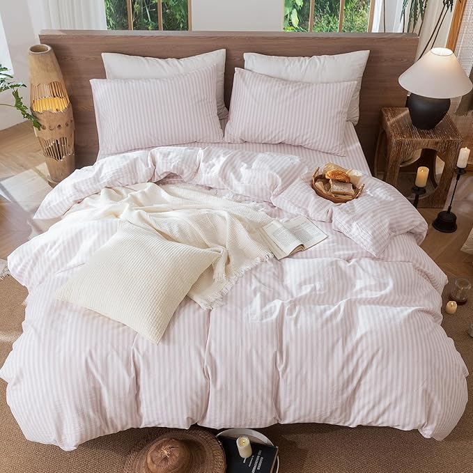 MooMee Striped Duvet Cover Set 100% Washed Cotton Linen Like Textured Breathable Durable Soft Comfy (Heathered Greyish Pink Classic Stripes, Queen 90"x90")