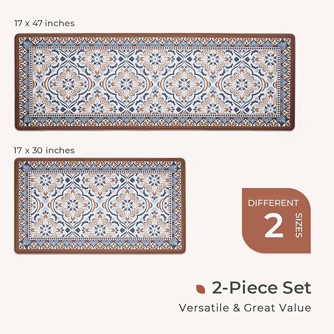 FRESHMINT Anti Fatigue Kitchen Mats for Floor 2 Piece Set, Waterproof & Non-Skid Moroccan Tile Kitchen Rugs, Cushioned Kitchen Mat for Standing Washable Comfort Desk Kitchen Runners, 17x30+17x47