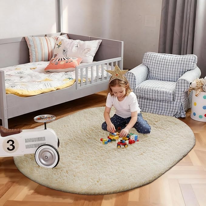 Ophanie 3x5 Oval Ivory Rugs for Bedroom Living Room, Fluffy Fuzzy Furry Carpet, Plush Soft Shaggy Bedside Indoor Floor Area Rug for Kids Girls Boys Baby Teen Dorm Nursery Home Decor Aesthetic