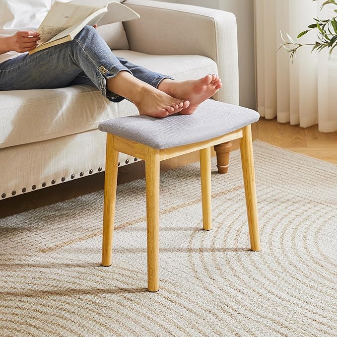 IBUYKE Saddle Cushion Vanity Stool Chair, Foot Rest Stool with Solid Wood Legs, Modern Vanity Bench Ottoman for Piano, Upholstered Seat for Bedroom, Entryway, Wooden Legs&Light Gray WBD007NG