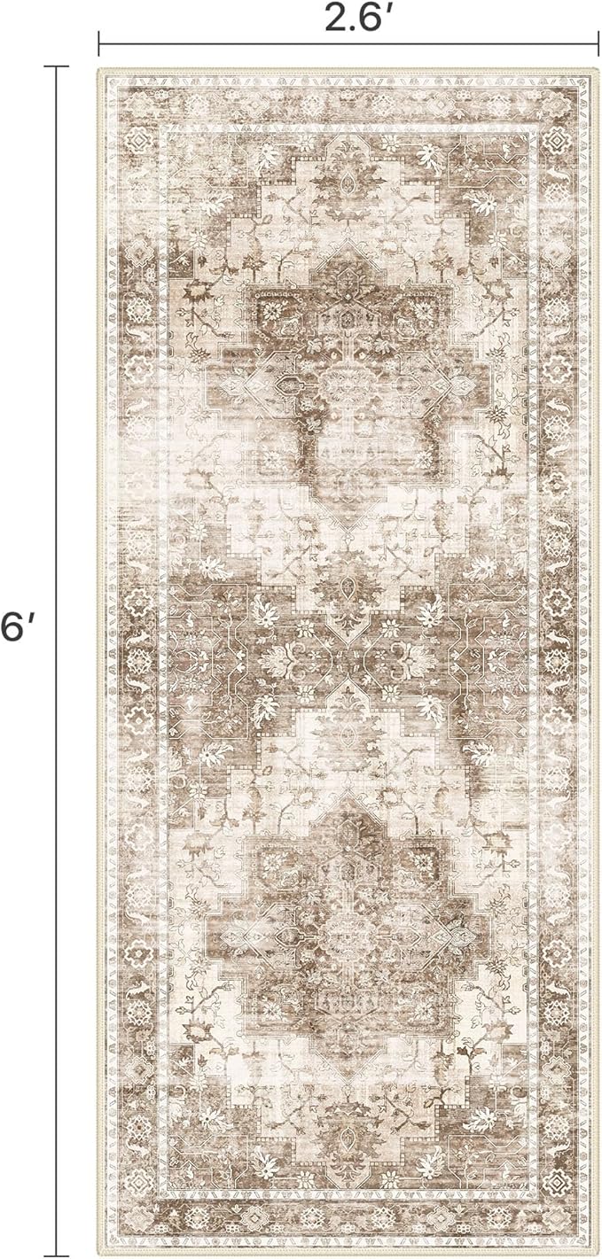 BESBLEE Runner Rug 2'6''x6 Non Slip Machine Washable Vintage Hallway Runner Rug, Low PileLight Weight Rugs for Entryway, Hallway, Kitchen and Corridor, Latte Beige