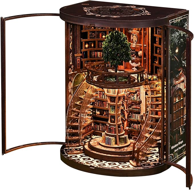 Book Nook Kit for Adults & Teens – DIY Miniature House Library, Wisdom Ring Library 3D Wooden Puzzle Bookend Bookshelf Insert with LED Light, Dollhouse Craft Kit for Decor & Gifts