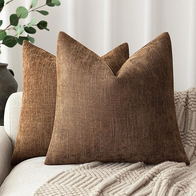 Foindtower Set of 2 Soft Textured Chenille Throw Decorative Pillow Covers Square Accent Solid Cushion Cover Cozy Neutral Farmhouse Pillow Case for Couch Sofa Bedroom Living Room 20x20 Inch,Dark Bronze