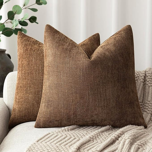 Foindtower Set of 2 Soft Textured Chenille Throw Decorative Pillow Covers Square Accent Solid Cushion Cover Cozy Neutral Farmhouse Pillow Case for Couch Sofa Bedroom Living Room 20x20 Inch,Dark Bronze