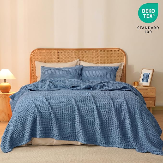 PHF 100% Cotton Waffle Weave Blanket Queen Size for Bed, Soft Lightweight & Breathable, All-Season Comfort, 300 GSM Luxury Aesthetic Blanket for Home Decor, 90"x90", Denim Blue