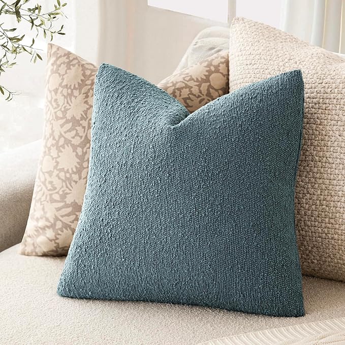 Foindtower Decorative Textured Boucle Throw Pillow Covers Accent Solid Pillow Cases Neutral Soft Cozy Couch Cushion Case for Chair Sofa Bedroom Living Room Home Decor 16x16 Inch,1PC,Misty Blue