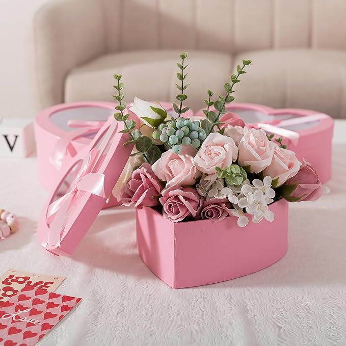 Soul & Lane Pink Heart Shaped Gift Boxes with Clear Lids and Decorative Bows: Set of 3 Cardboard Heart Boxes for Flowers, Chocolates, Large Box for Flower Arrangements and Valentine’s Day Presents